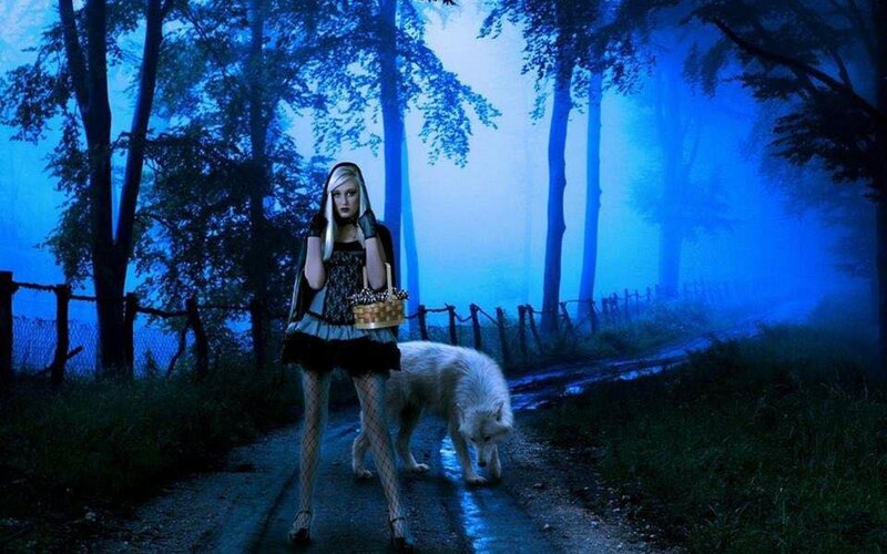 Woman with White Wolf — Blue, Mysterious, Night, Digital Art, Basket