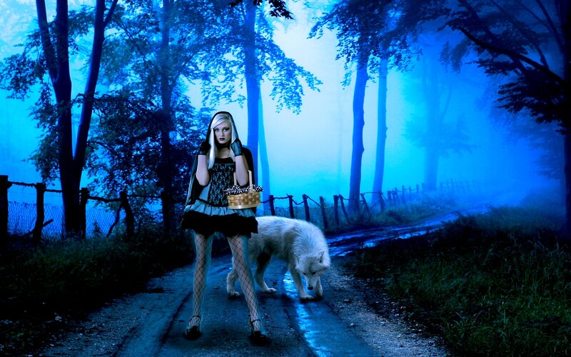 Woman with White Wolf — Blue, Mysterious, Night