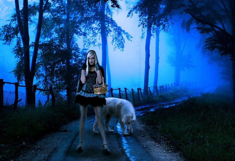 Woman with White Wolf — Blue, Mysterious