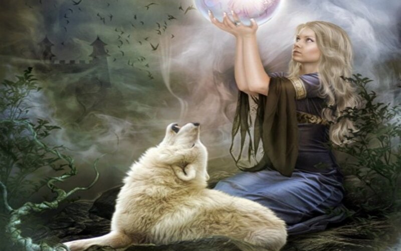 Woman with White Wolf — Blue, Mystical, Night