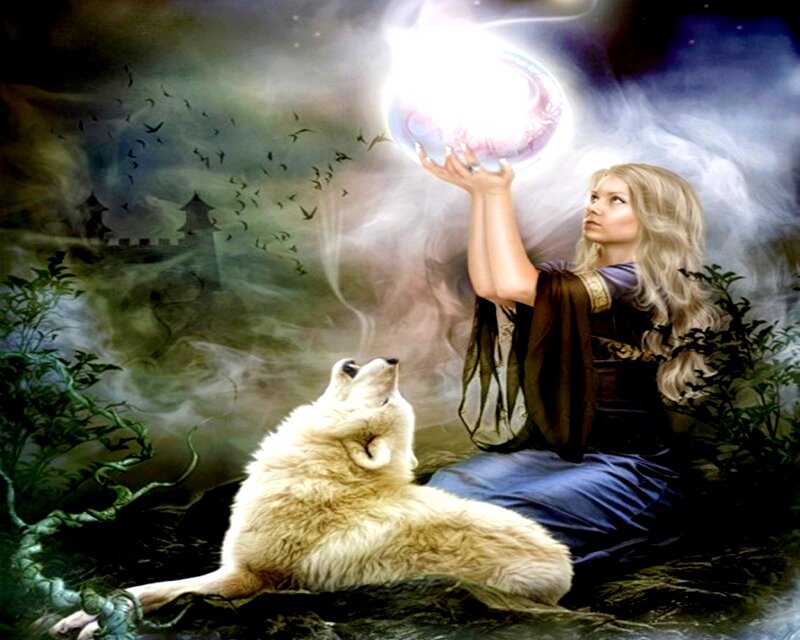 Woman with White Wolf — Blue, Mystical
