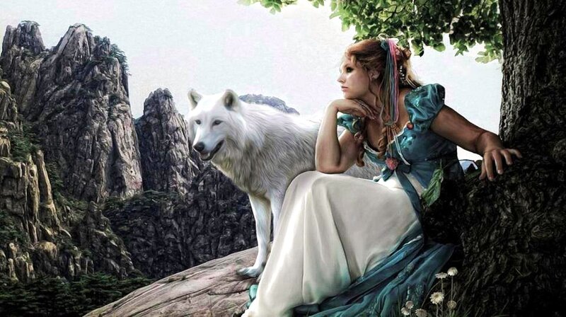 Woman with White Wolf — Blue, Serene, Afternoon