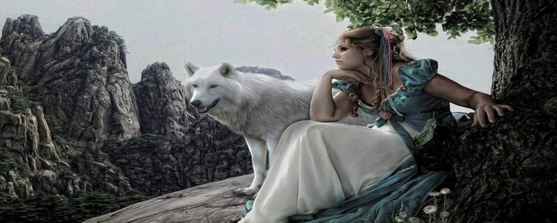 Woman with White Wolf — Blue, Serene, Digital Art