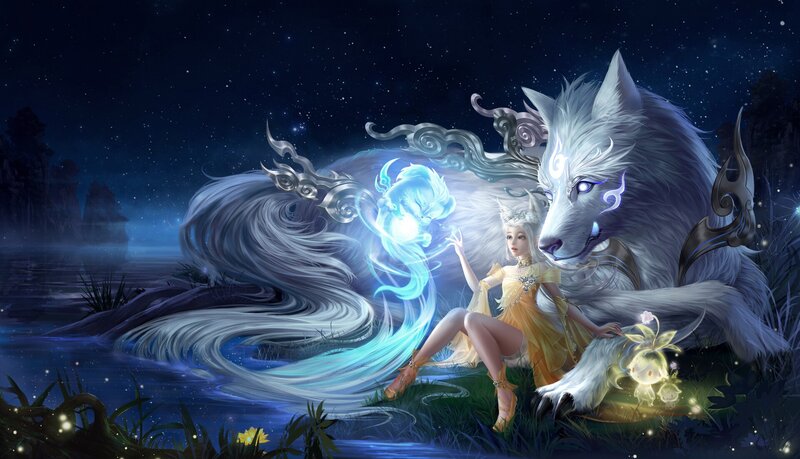 Woman with White Wolf — Blue, Serene, Night, Digital Art, Spirit