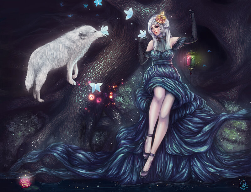 Woman with White Wolf — Blue, Serene, Night