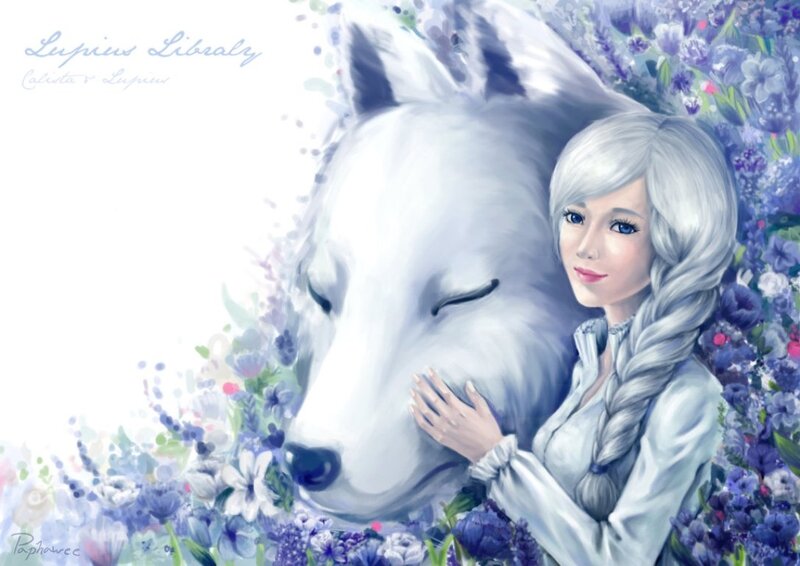 Woman with White Wolf — Blue, Serene, Spring