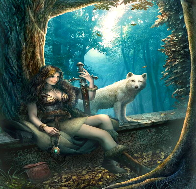 Woman with White Wolf — Blue, Serene