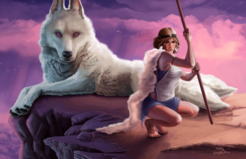 woman with white wolf companion