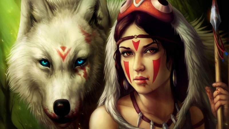 Woman with White Wolf — Dramatic, Digital Art, Face Paint, Spear