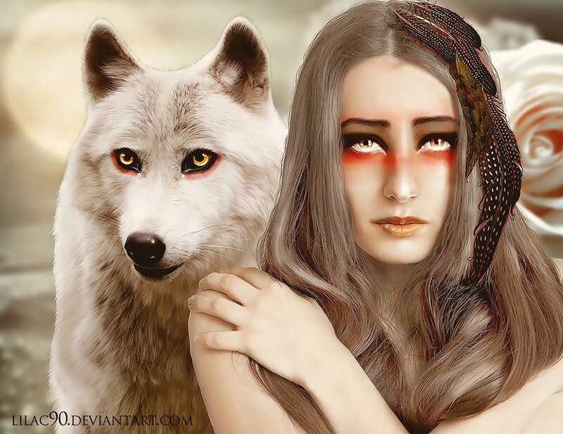 Woman with White Wolf — Dramatic, Digital Art, Feather