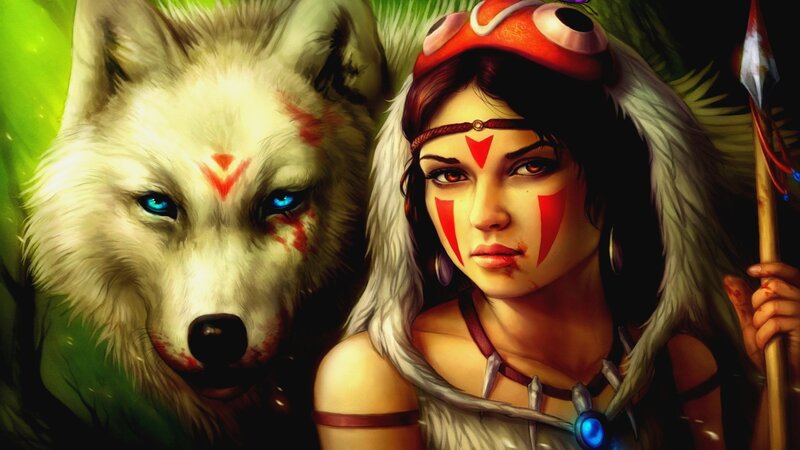 Woman with White Wolf — Dramatic, Digital Art