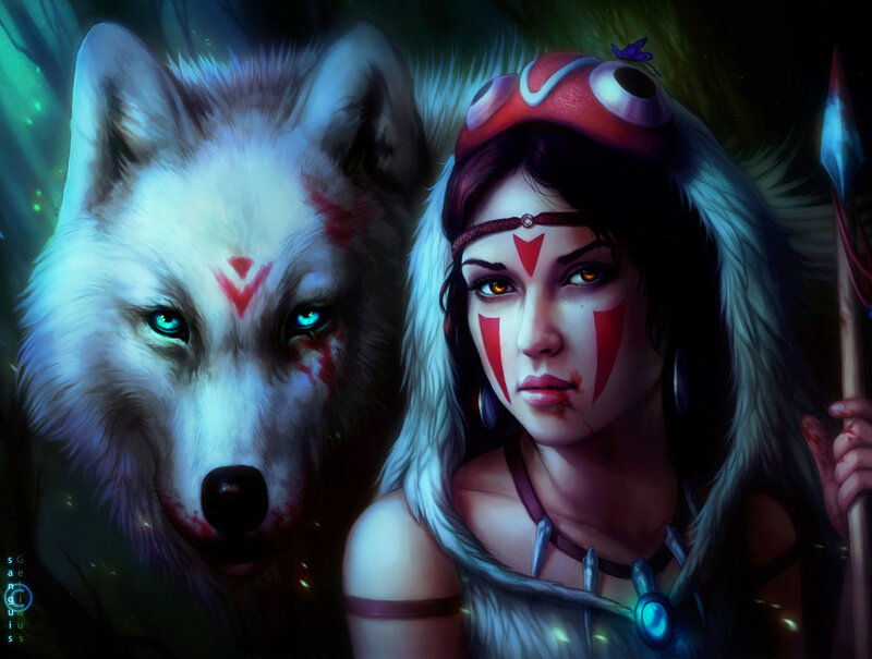 Woman with White Wolf — Dramatic, Night, Digital Art