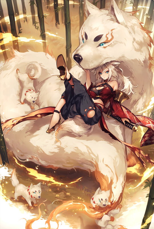 Woman with White Wolf — Dramatic, Sunset, Anime