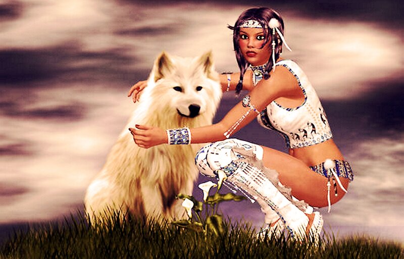 Woman with White Wolf — Dramatic, Sunset