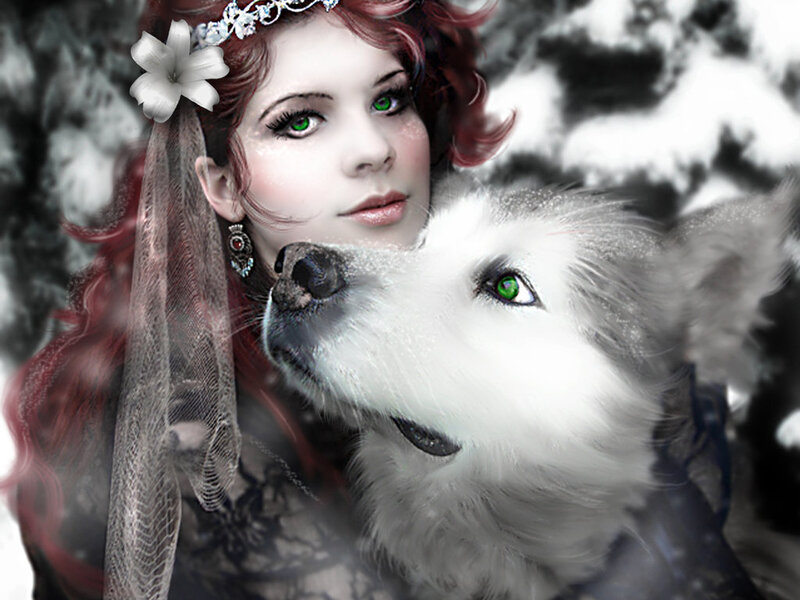 Woman with White Wolf — Dramatic