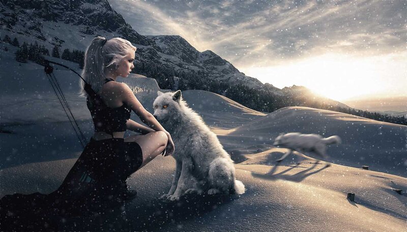 Woman with White Wolf — Dramatic, Winter, Digital Art, Snow