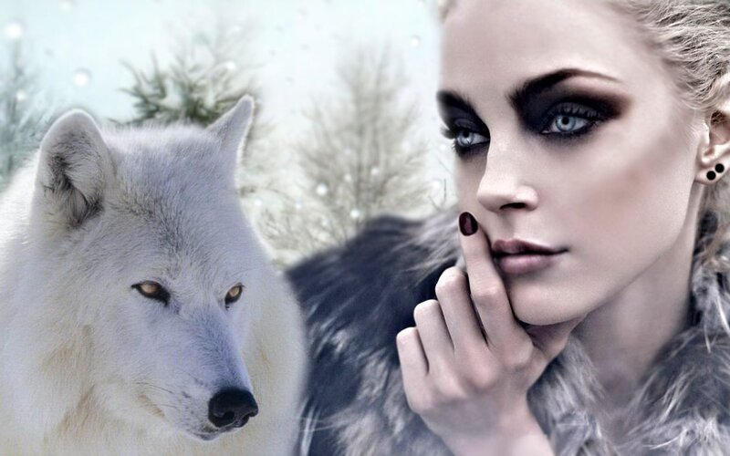 Woman with White Wolf — Dramatic, Winter, Digital Art