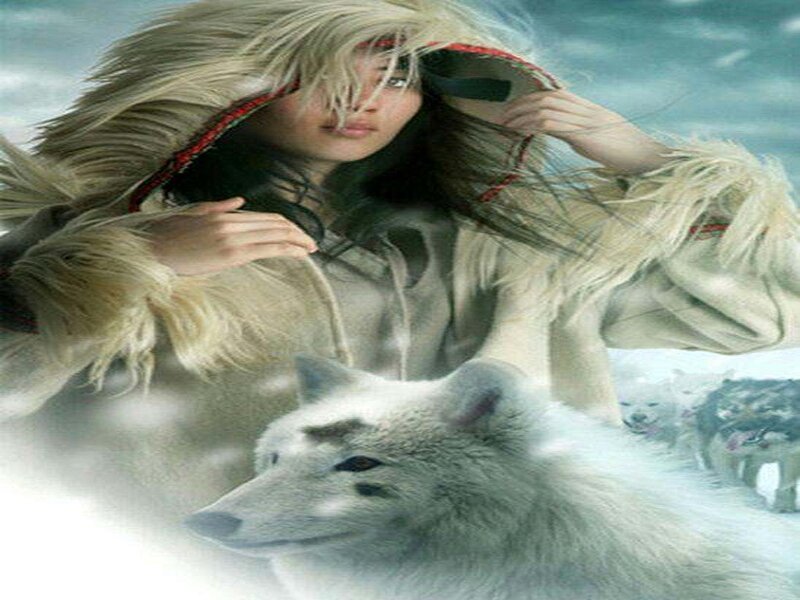 Woman with White Wolf — Dramatic, Winter