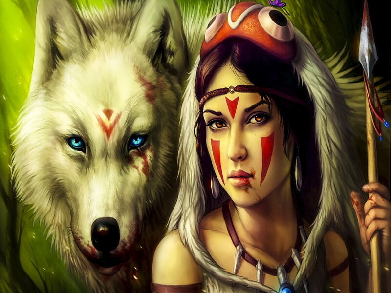 Woman with White Wolf — Green, Dramatic, Digital Art, Face Paint