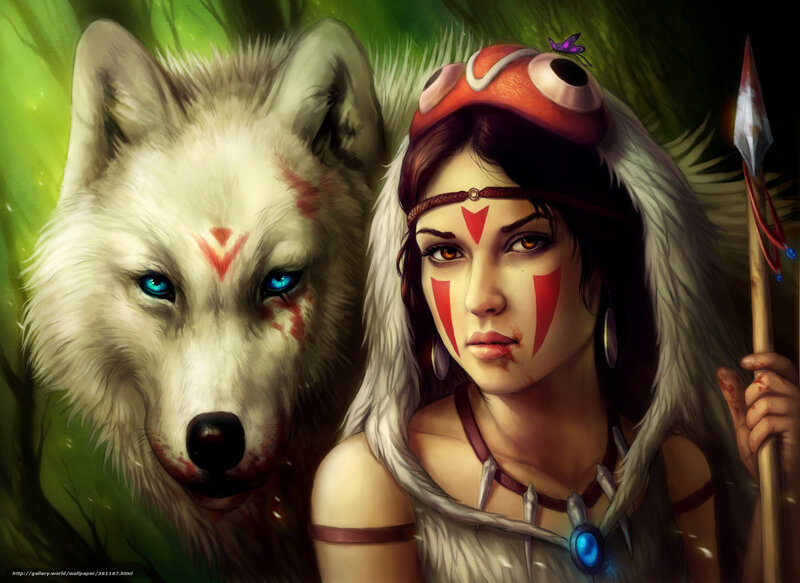 Woman with White Wolf — Green, Dramatic, Digital Art, Spear
