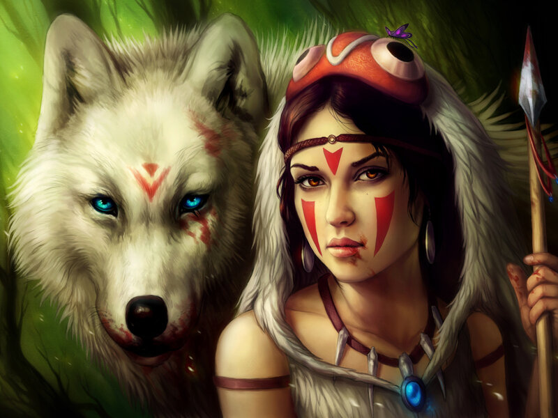 Woman with White Wolf — Green, Dramatic, Digital Art