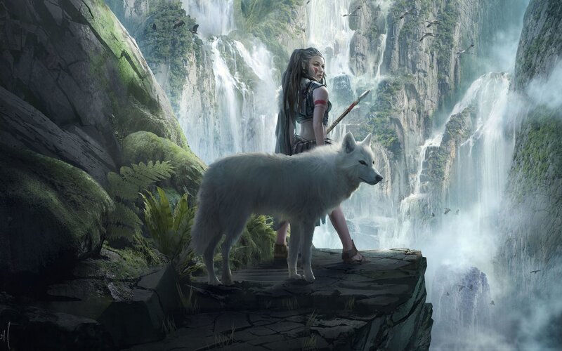 Woman with White Wolf — Green, Dramatic, Digital Art, Waterfall