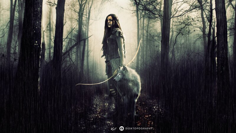 Woman with White Wolf — Green, Dramatic, Night