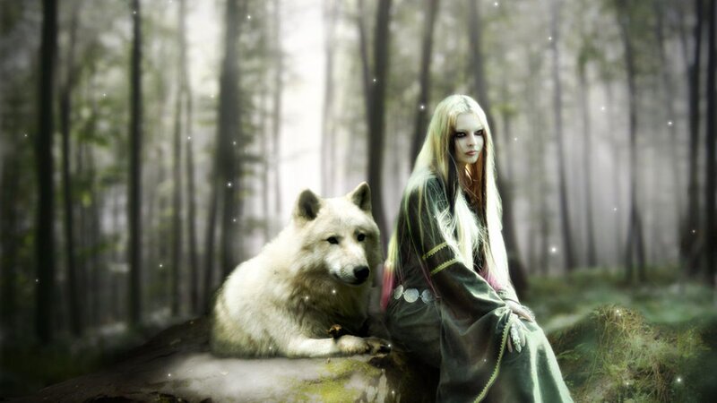 Woman with White Wolf — Green, Mystical