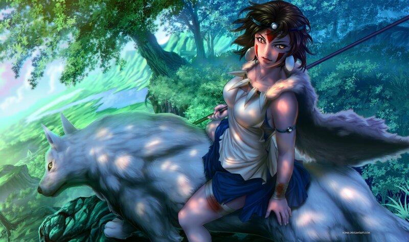 Woman with White Wolf — Green, Serene, Afternoon, Digital Art, Forest