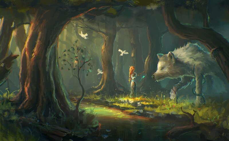 Woman with White Wolf — Green, Serene, Night