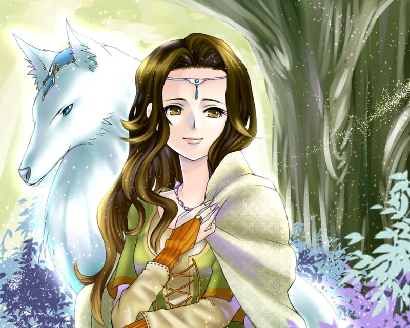 Woman with White Wolf — Green, Serene