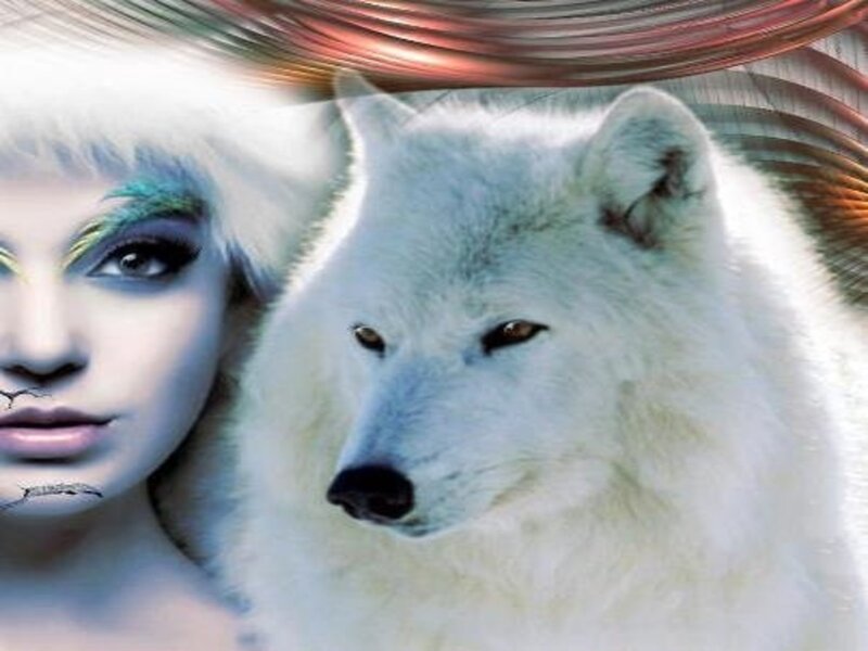 Woman with White Wolf — Mystical, Digital Art