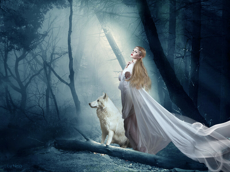 Woman with White Wolf — Mystical, Night