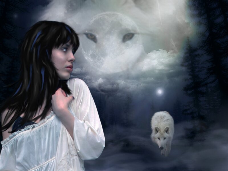 Woman with White Wolf — Mystical