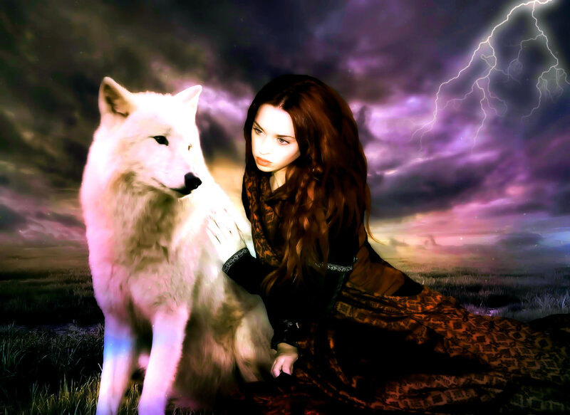 Woman with White Wolf — Purple, Dramatic, Night, Digital Art