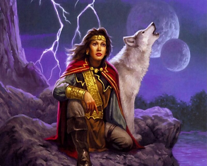 Woman with White Wolf — Purple, Dramatic, Night