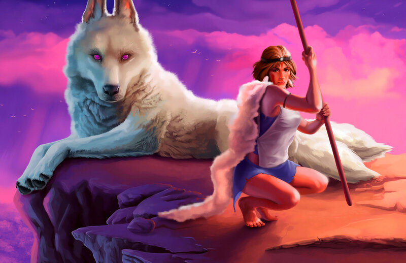 Woman with White Wolf — Purple, Dramatic