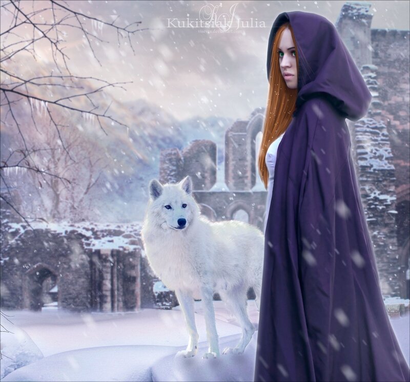 Woman with White Wolf — Purple, Dramatic, Winter