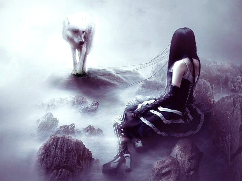 Woman with White Wolf — Purple