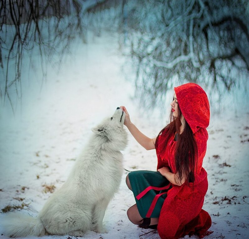 Woman with White Wolf — Red, Serene