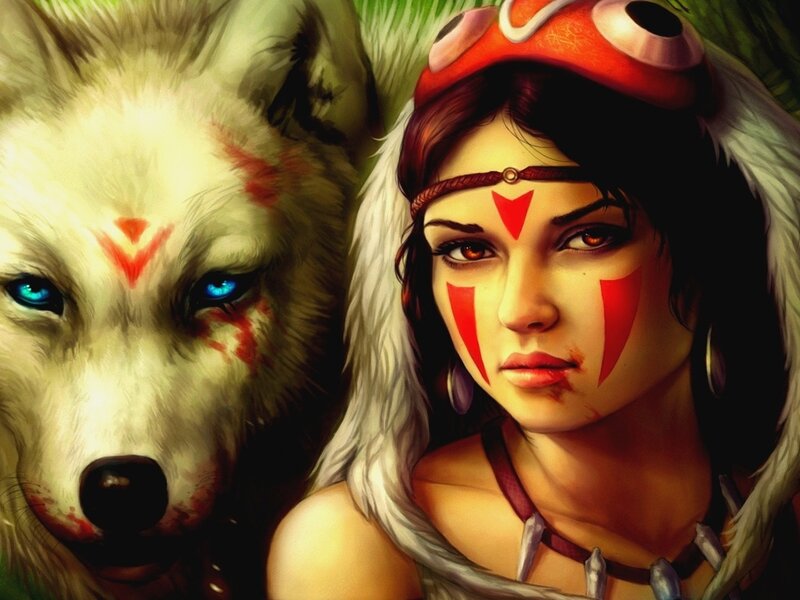 Woman with White Wolf — Red