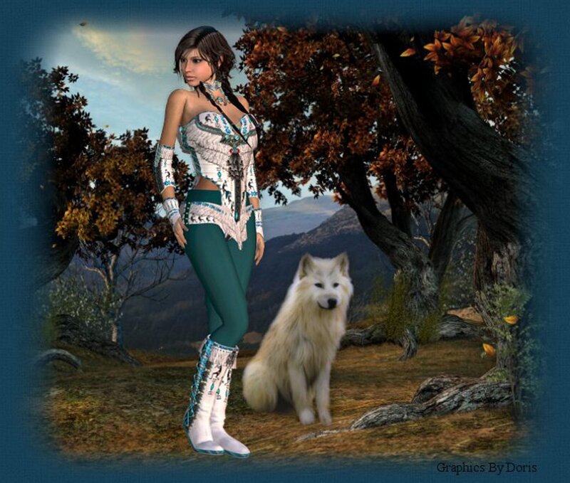 Woman with White Wolf — Serene, Autumn