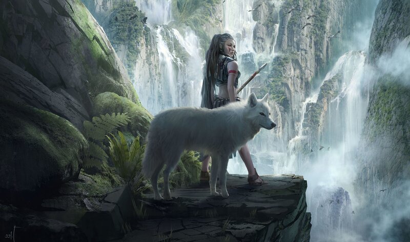 Woman with White Wolf — Serene, Digital Art, Waterfall
