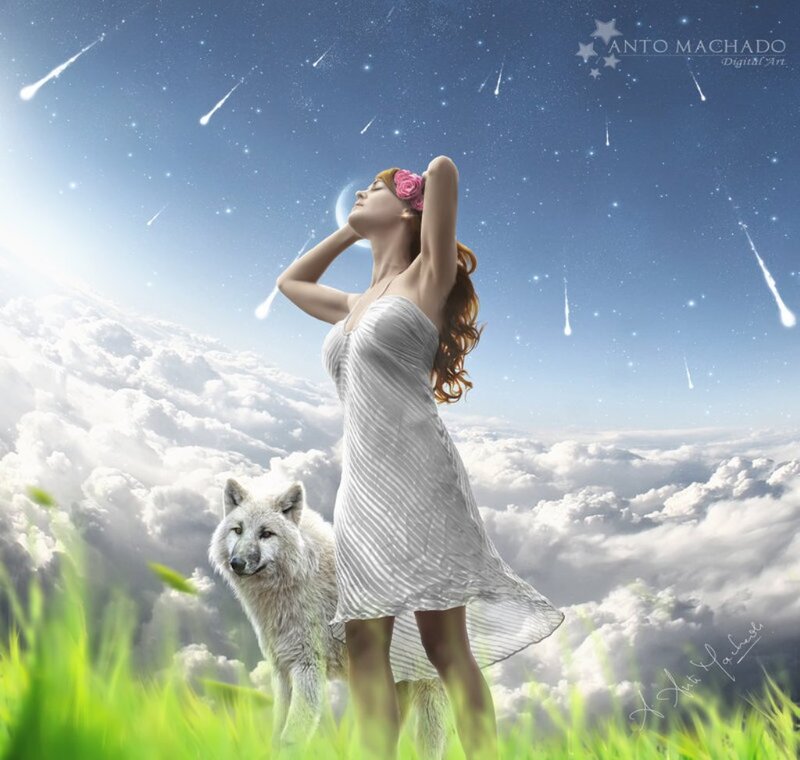 Woman with White Wolf — Serene, Night