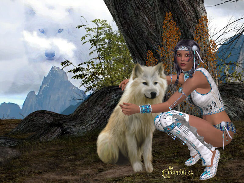 Woman with White Wolf — Serene