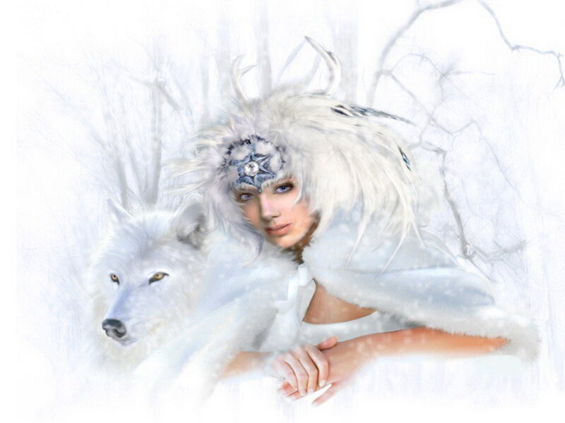 Woman with White Wolf — Serene, Winter, Digital Art, Feather Headdress