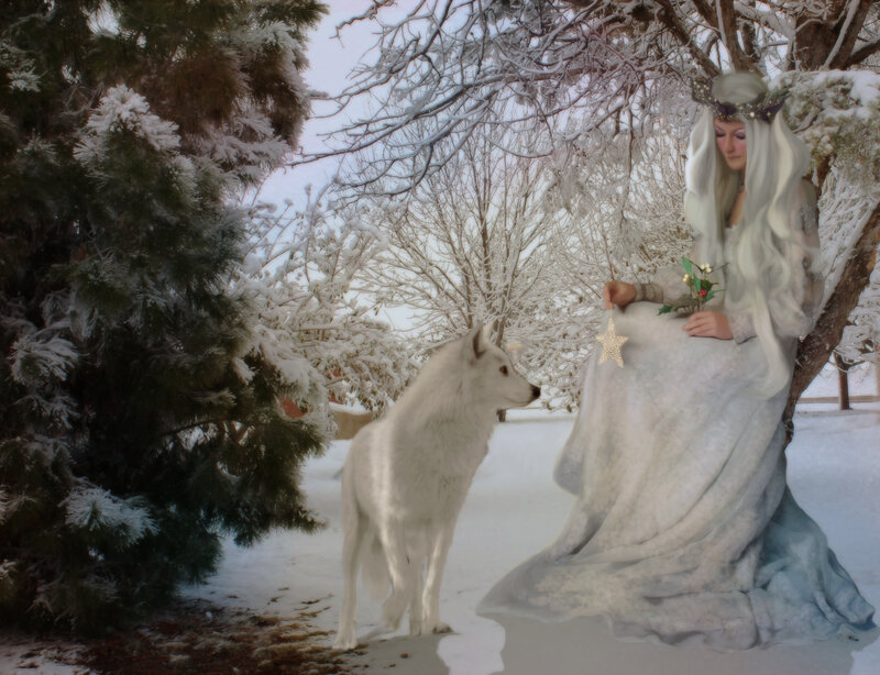 Woman with White Wolf — Serene, Winter, Digital Art