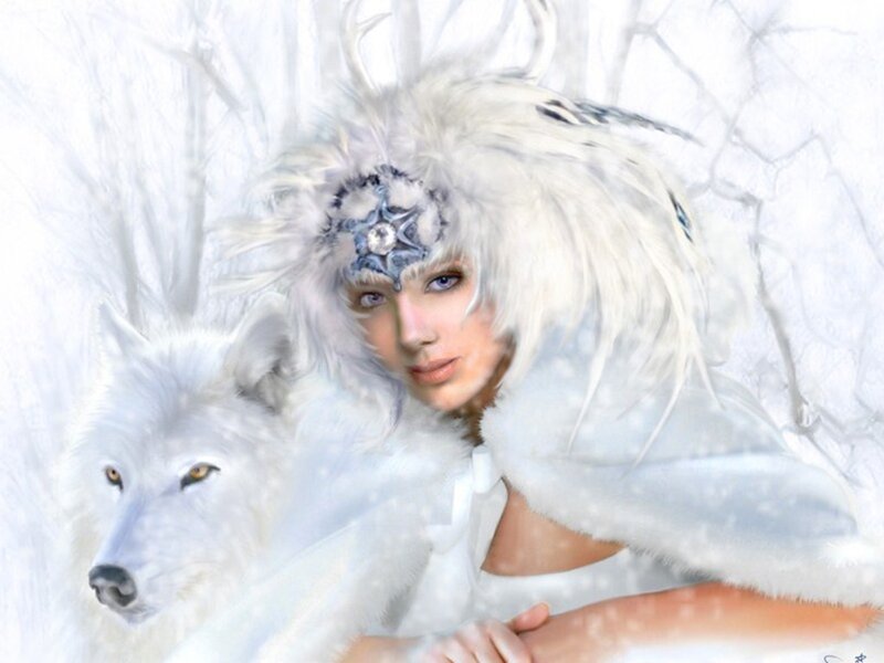Woman with White Wolf — Serene, Winter