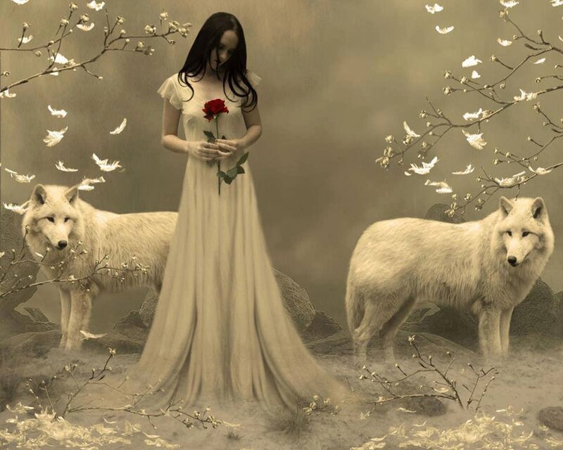 Woman with White Wolves — Beige, Serene, Spring