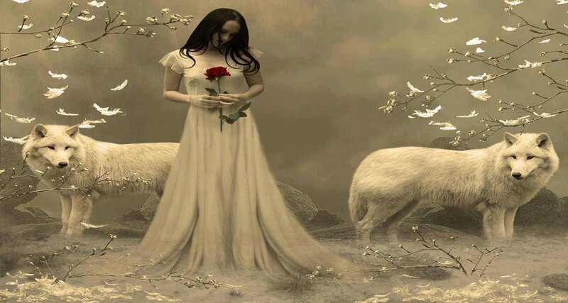 Woman with White Wolves — Beige, Serene